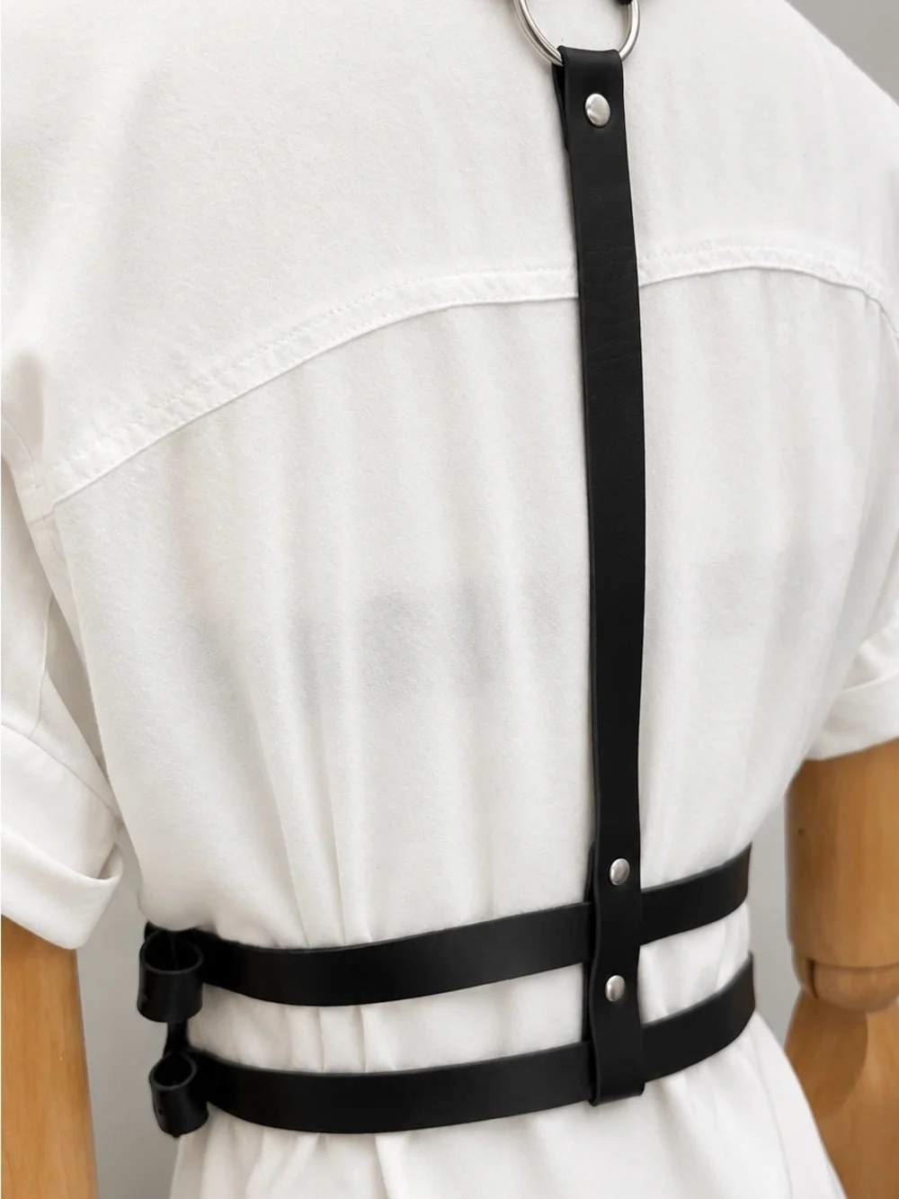 Black FauxLeather Harness Belt Body Chain Y2K Punk Adjustable Strappy Waist Belt